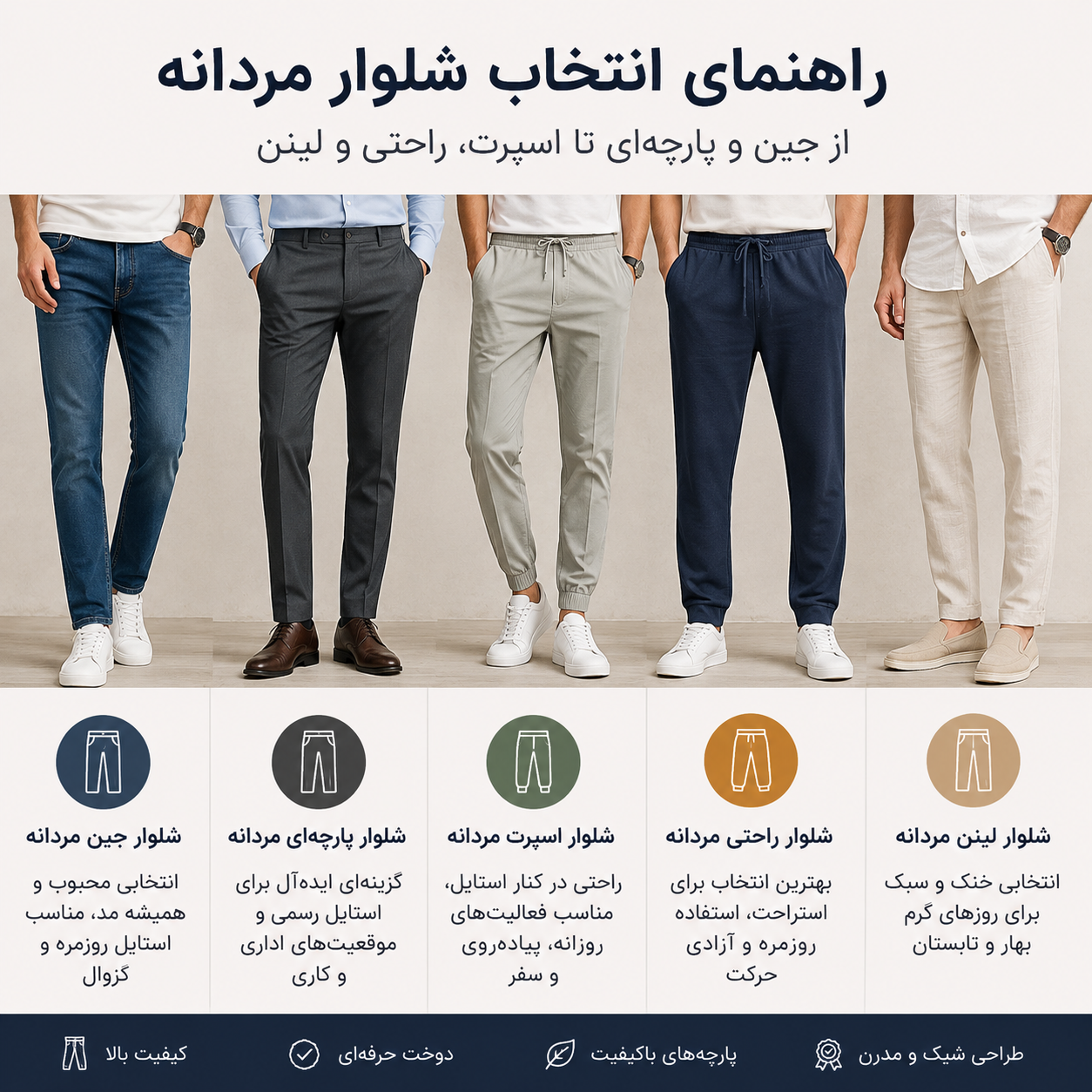 راهنمای کامل انتخاب شلوار مردانه؛ از جین و پارچه‌ای تا مدل‌های اسپرت و لینن