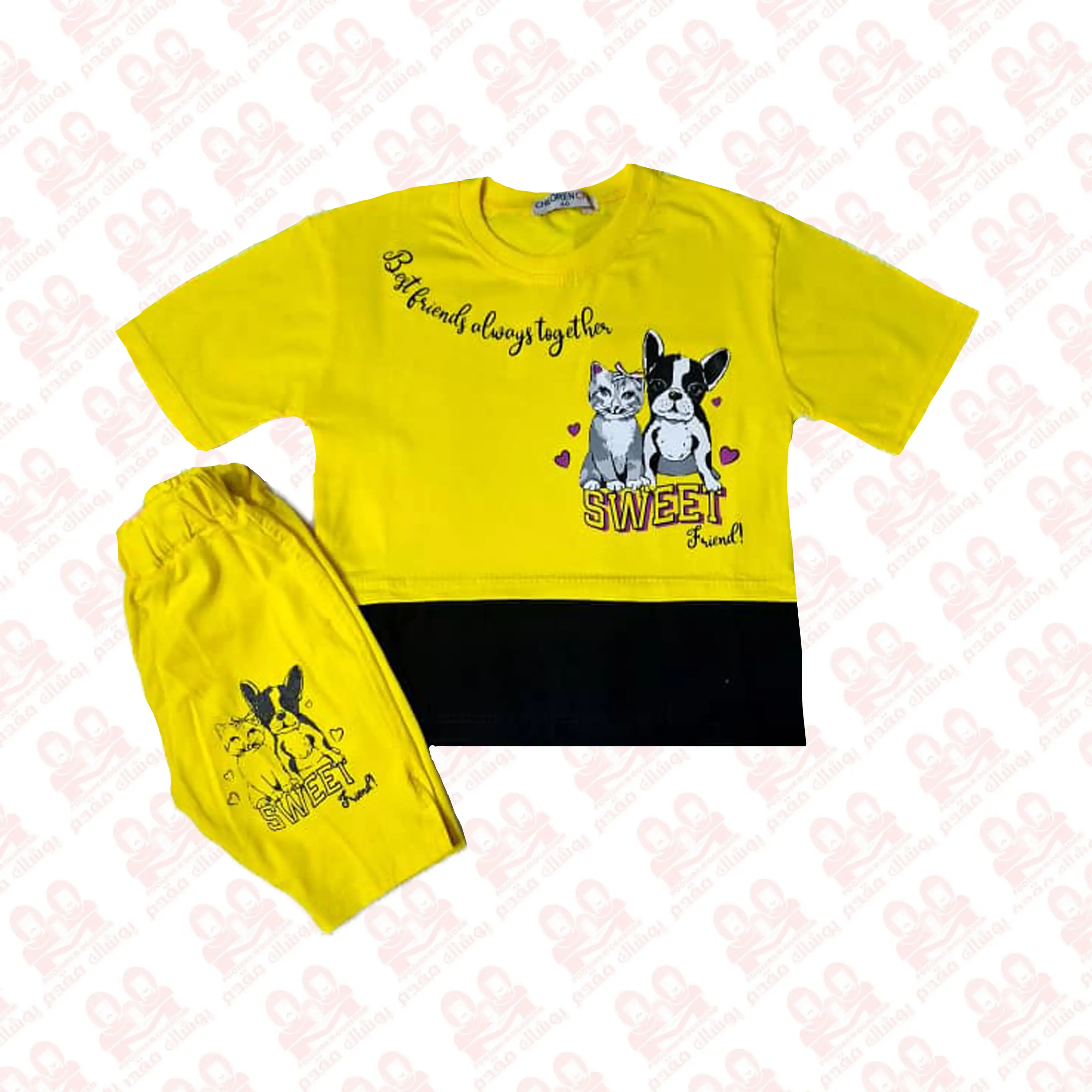تیشرت شلوارک دخترانه پنبه چاپی کد7400-03-01 سایز60