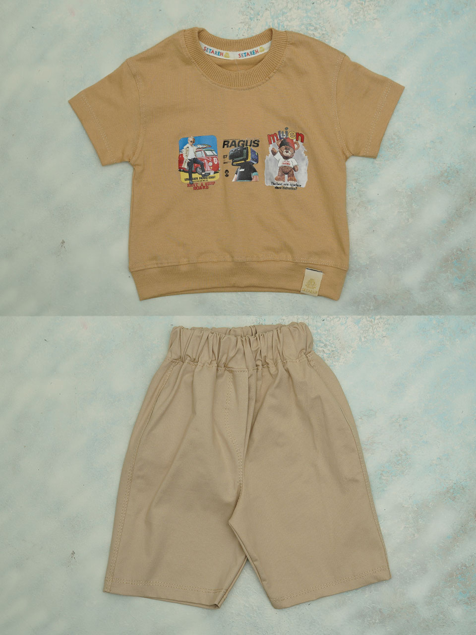 ست پسرانه تیشرت شلوارک خردلی CT457 سایز35