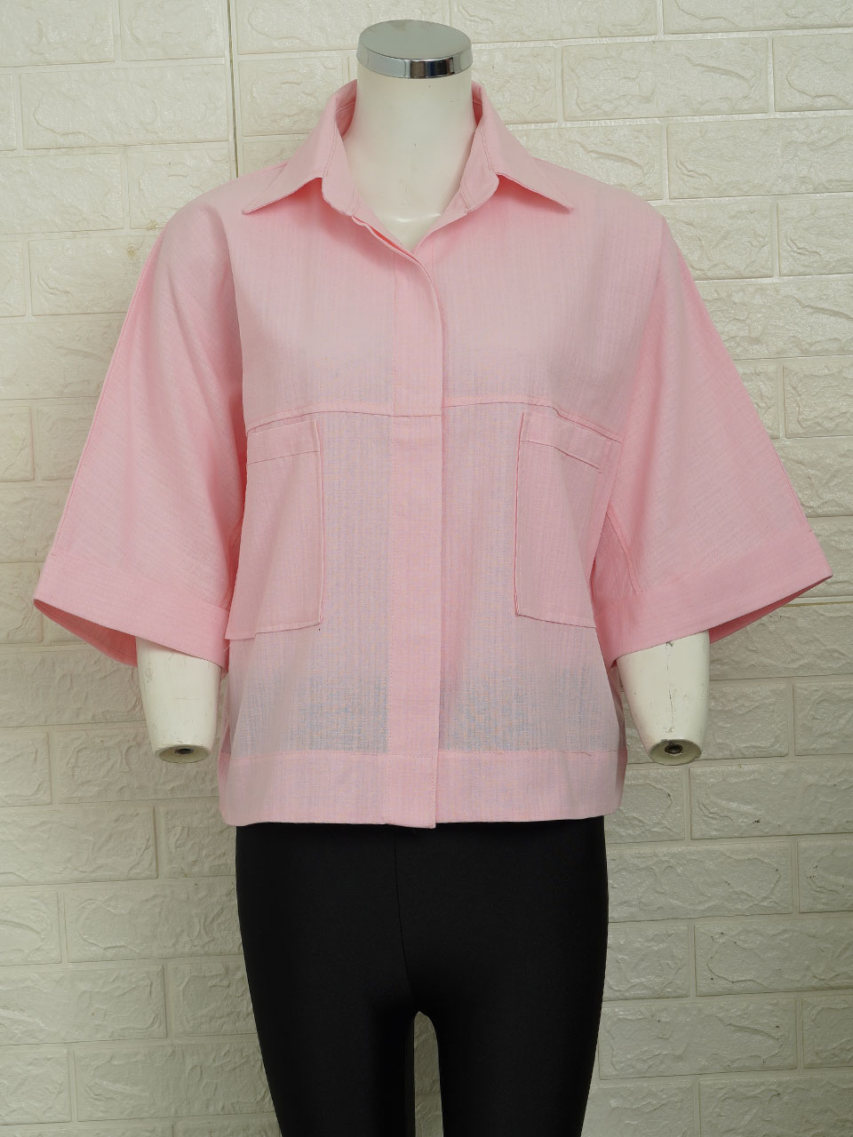 شومیز کراپ زنانه آستین کیمونو بیسکوئیتی صورتی AV2847